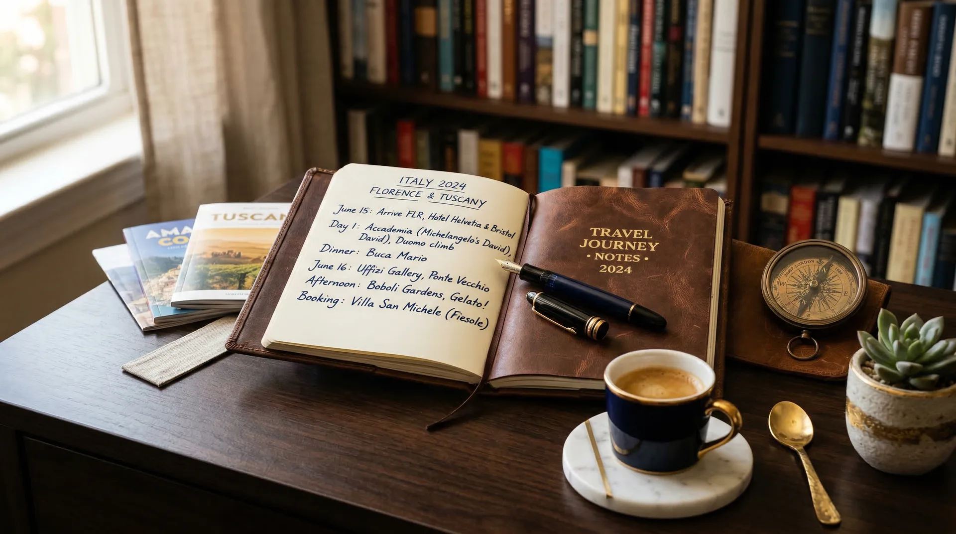 Bureau élégant avec carnets de voyage et stylo plume