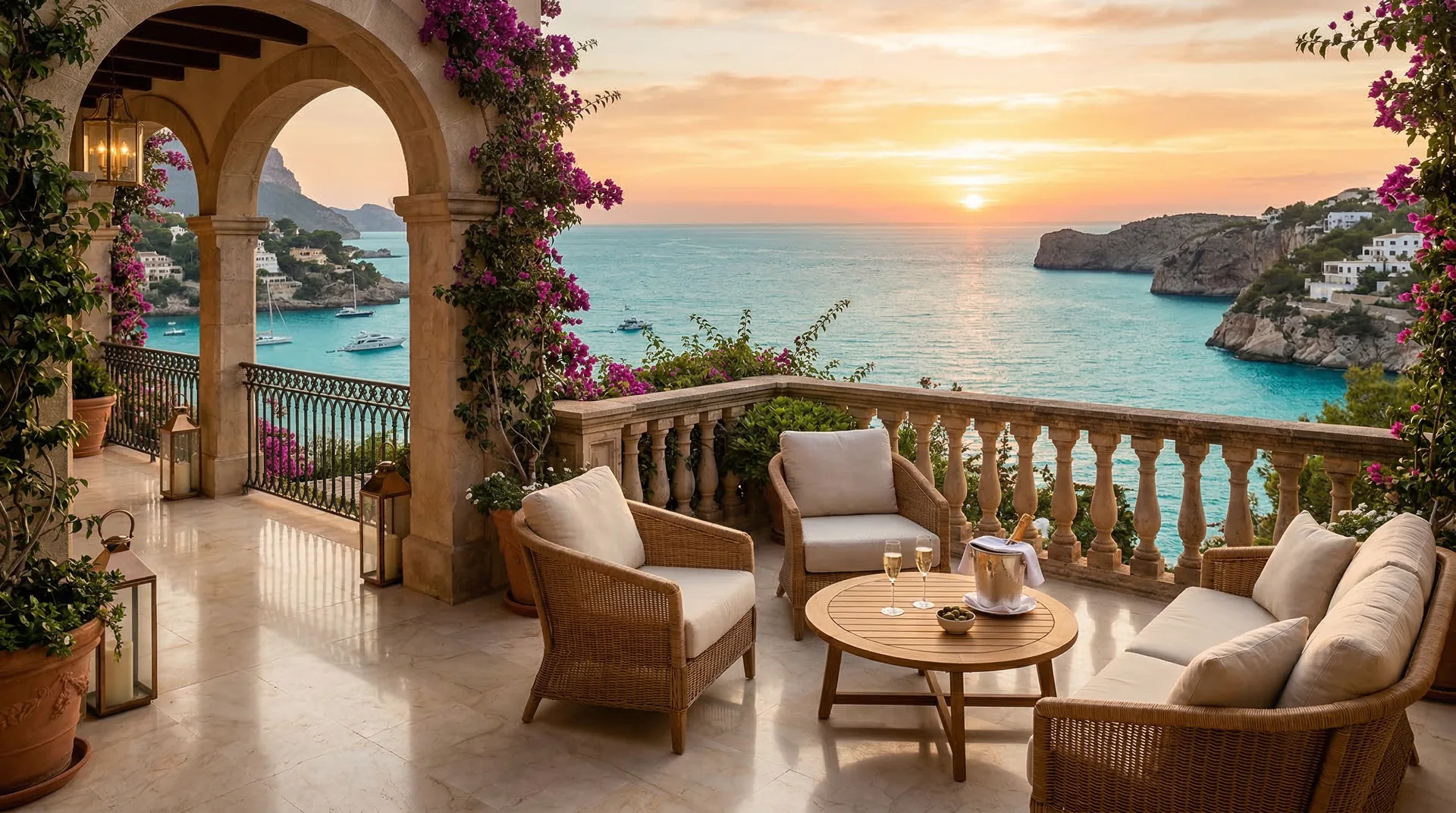 Terrasse luxueuse surplombant la Méditerranée au coucher du soleil